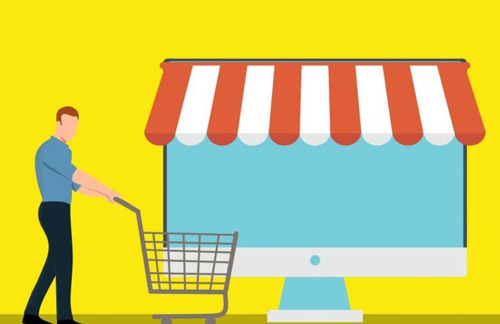 Animation of a man with shopping trolley next to a computer with an awning