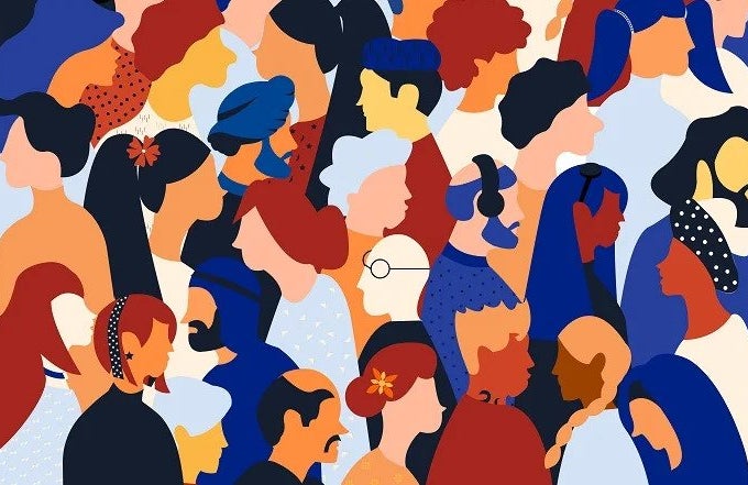 A cartoon image of a variety of different people, representing DEI