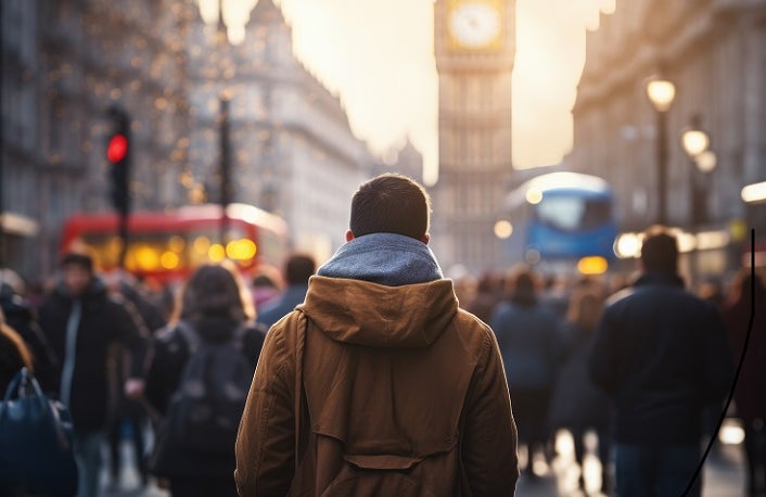 crowd of people walking in street. location inspired in london